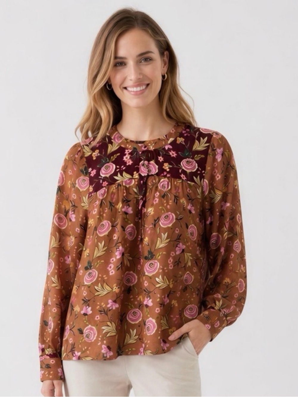 LOFT Rust Floral Long-Sleeve Blouse with Pink Accents size Small